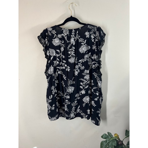 Old Navy Floral Print Ruffle Sleeve Top Blouse Womens XXL Black White - Picture 3 of 5